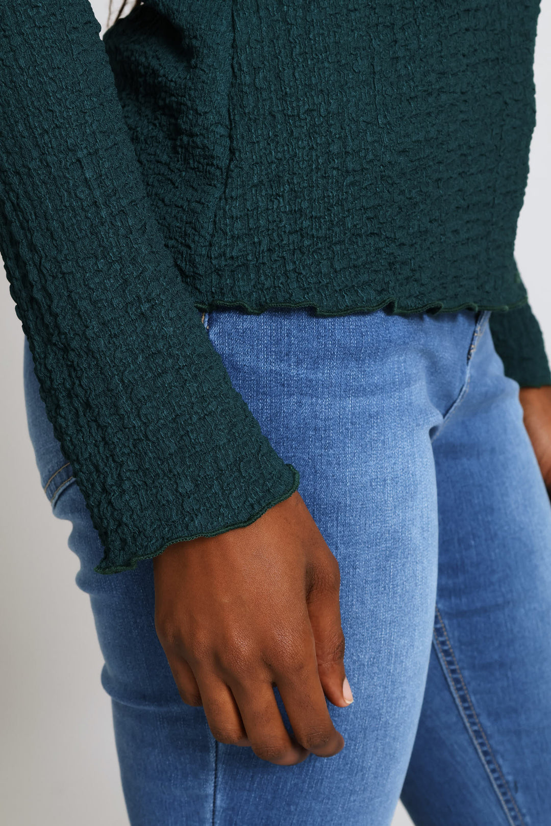 Long Sleeve Lettuce Hem Crinkle Tee - Teal