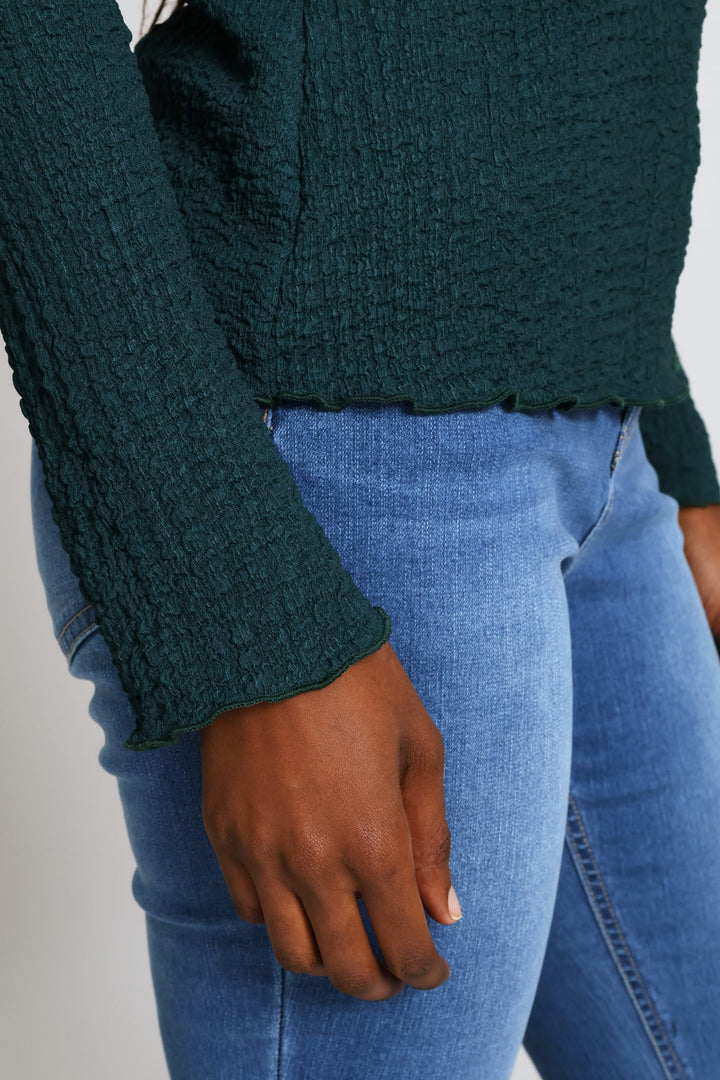 Long Sleeve Lettuce Hem Crinkle Tee - Teal
