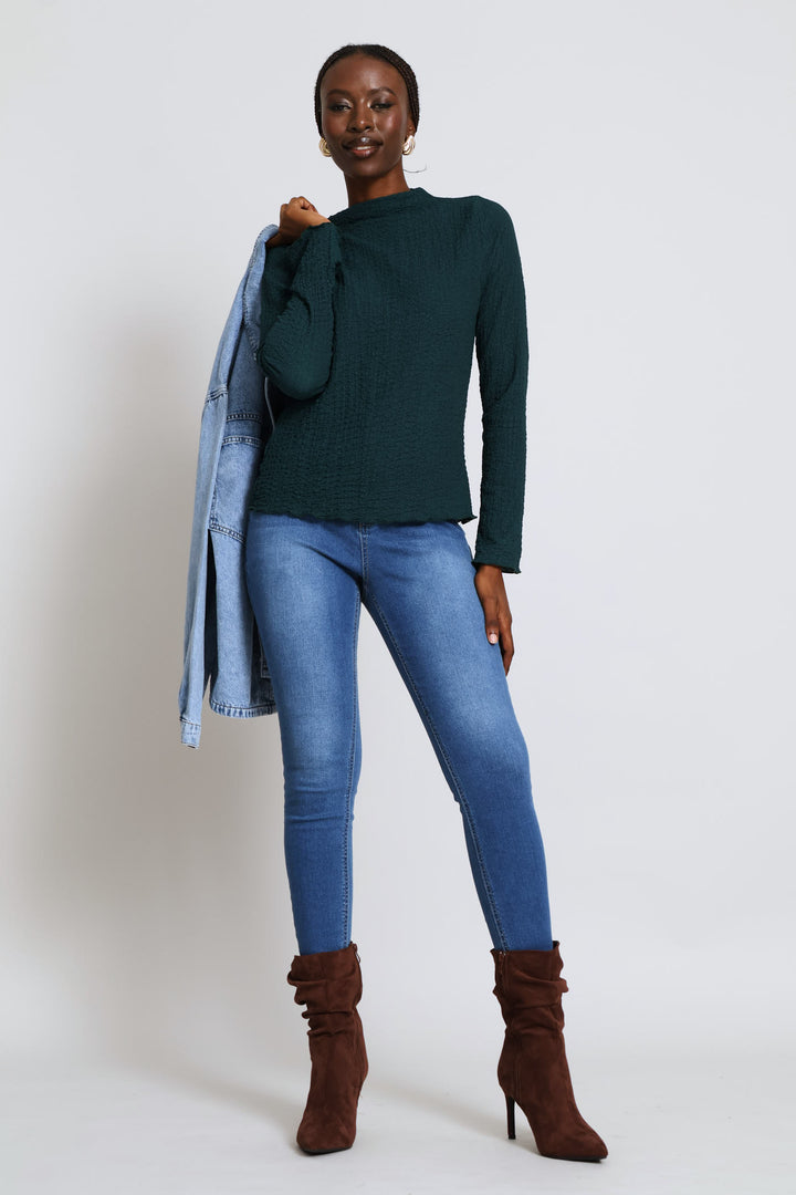 Long Sleeve Lettuce Hem Crinkle Tee - Teal