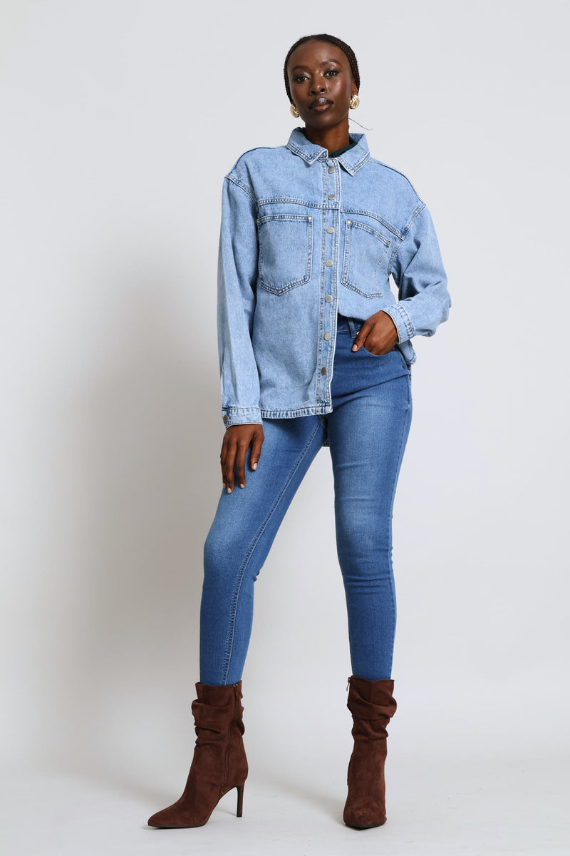Curved Hem Denim Shacket - Light Wash