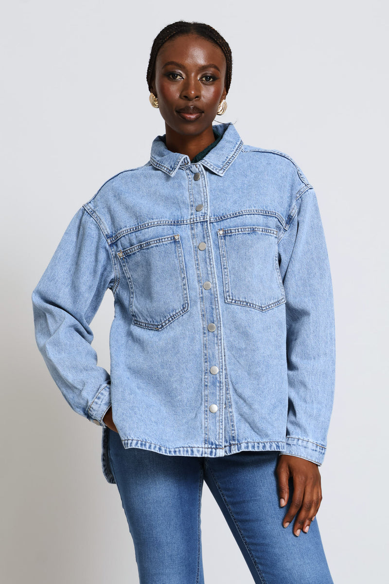 Curved Hem Denim Shacket - Light Wash