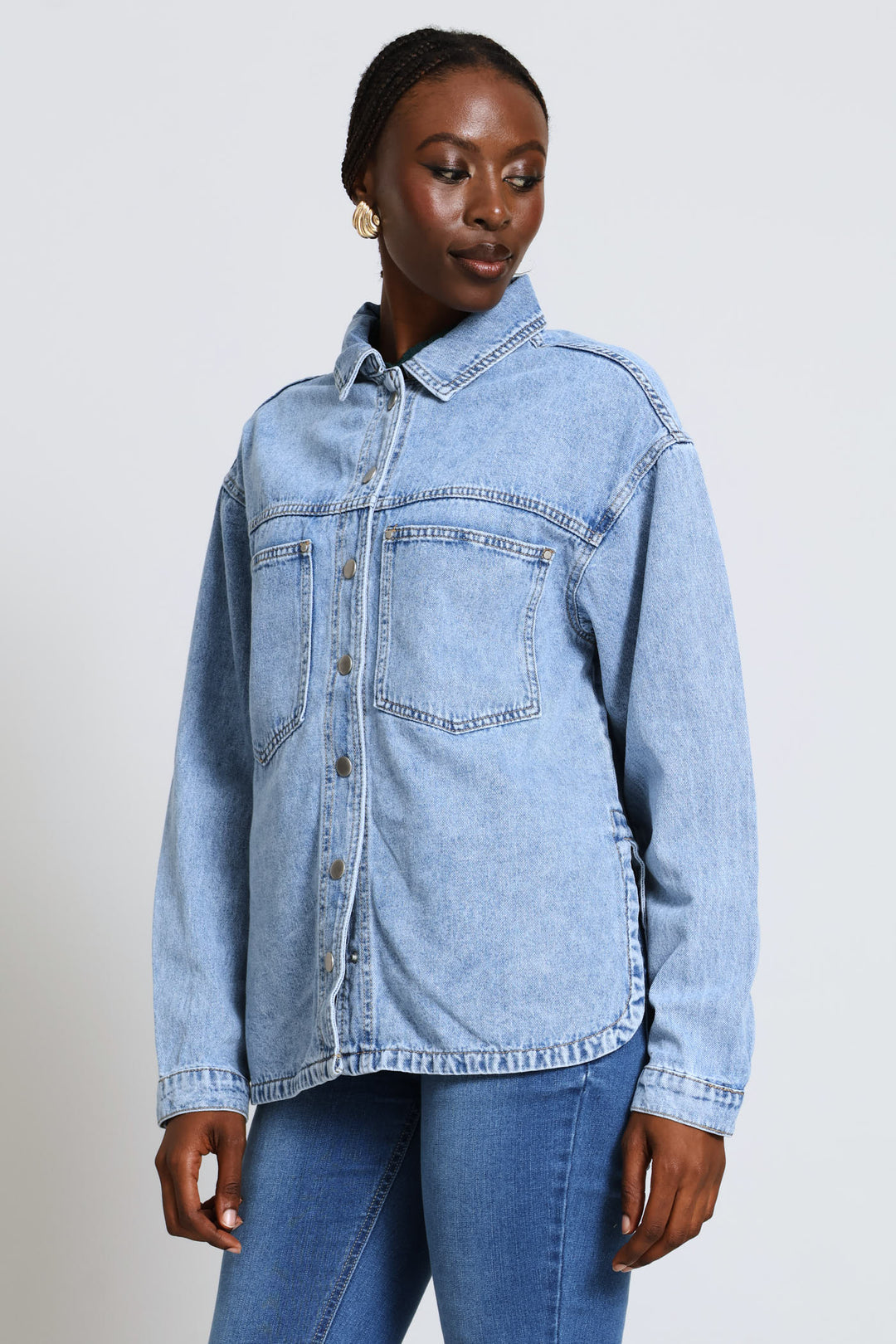 Curved Hem Denim Shacket - Light Wash