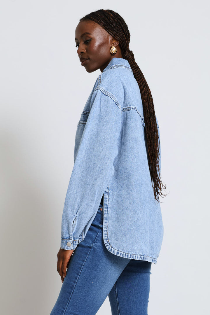 Curved Hem Denim Shacket - Light Wash