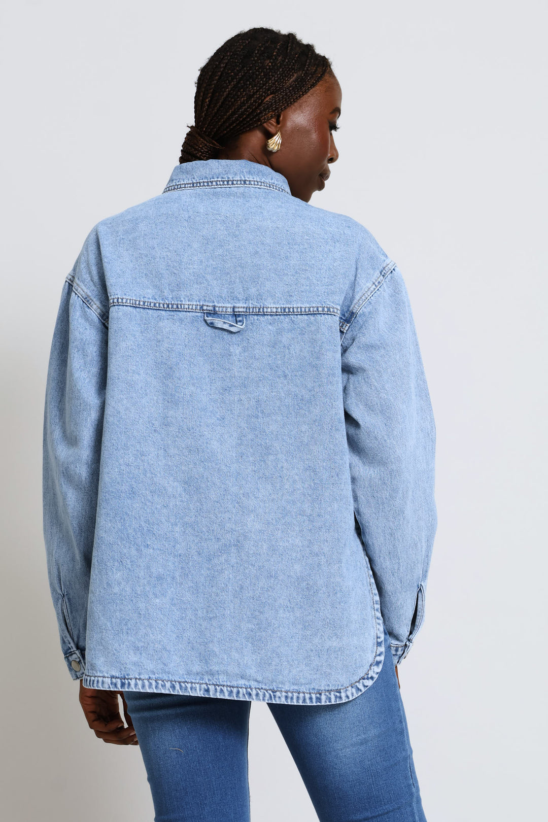 Curved Hem Denim Shacket - Light Wash