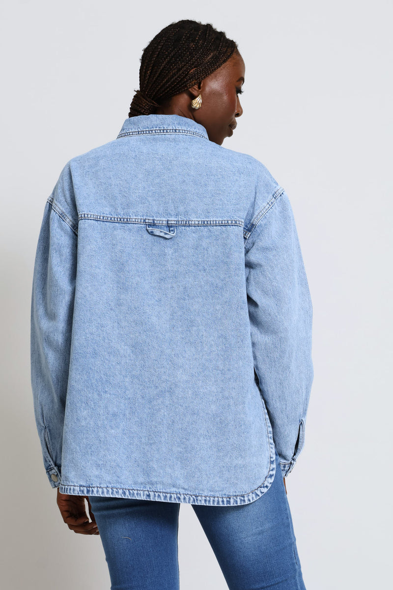 Curved Hem Denim Shacket - Light Wash