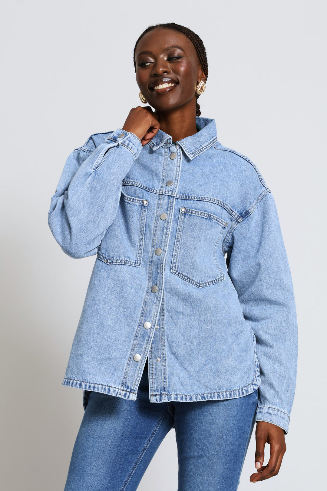 Curved Hem Denim Shacket - Light Wash