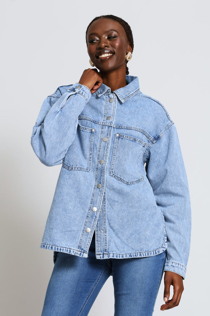 Curved Hem Denim Shacket - Light Wash
