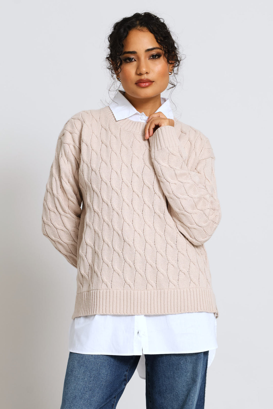 Twofer Cable Knitwear - Stone
