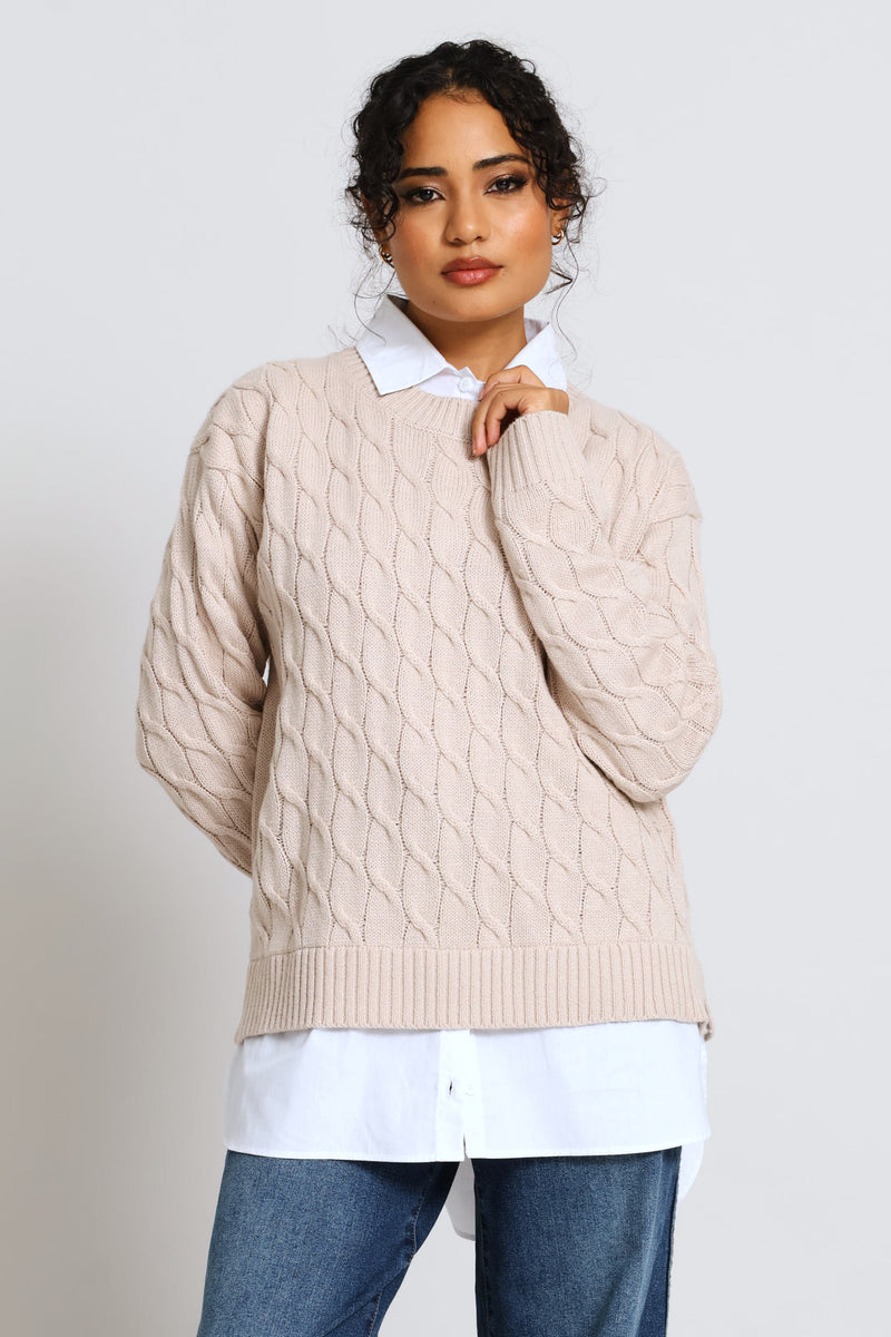 Twofer Cable Knitwear - Stone
