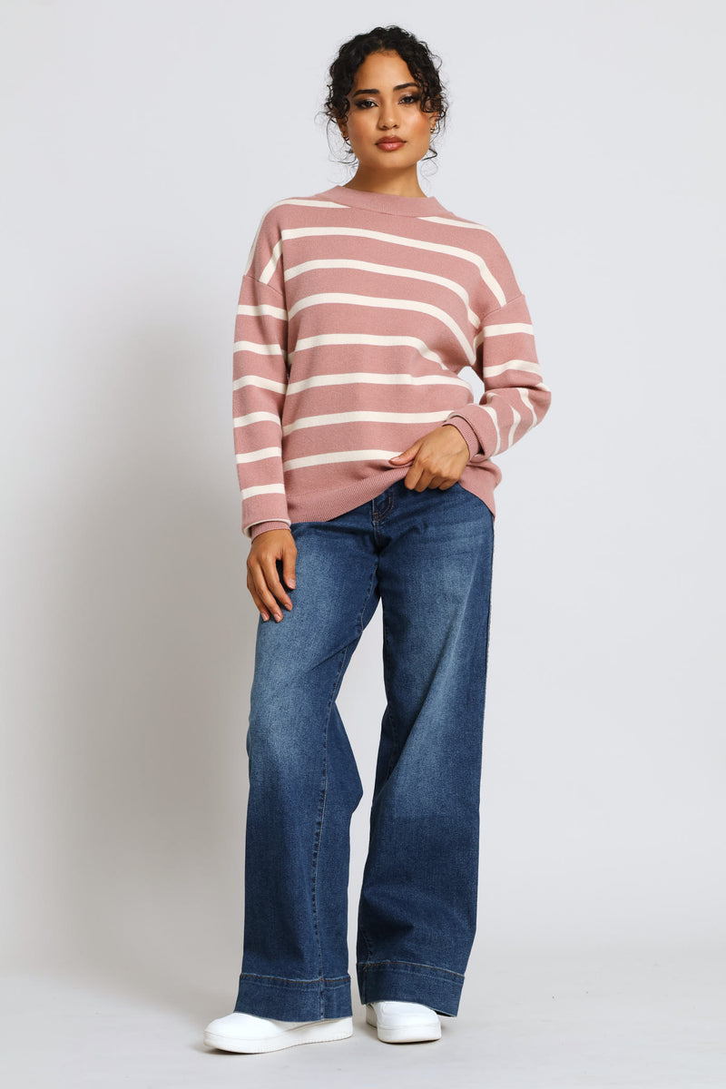 Luxe Academia Stripe Turtle Neck Pullover - Rose/Cream