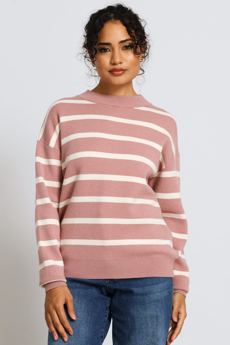 Luxe Academia Stripe Turtle Neck Pullover - Rose/Cream
