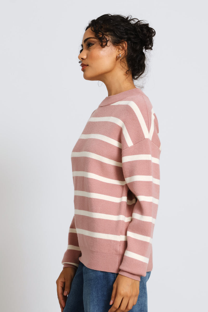 Luxe Academia Stripe Turtle Neck Pullover - Rose/Cream