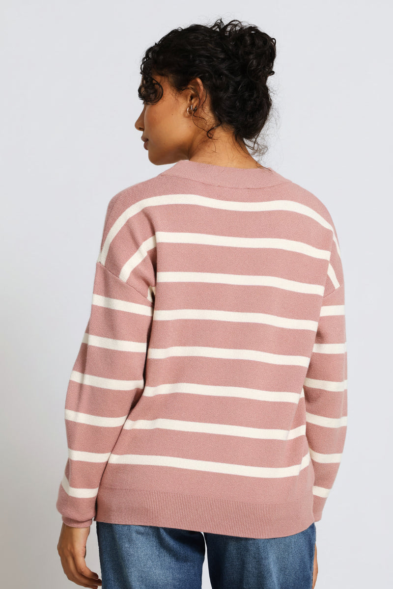 Luxe Academia Stripe Turtle Neck Pullover - Rose/Cream