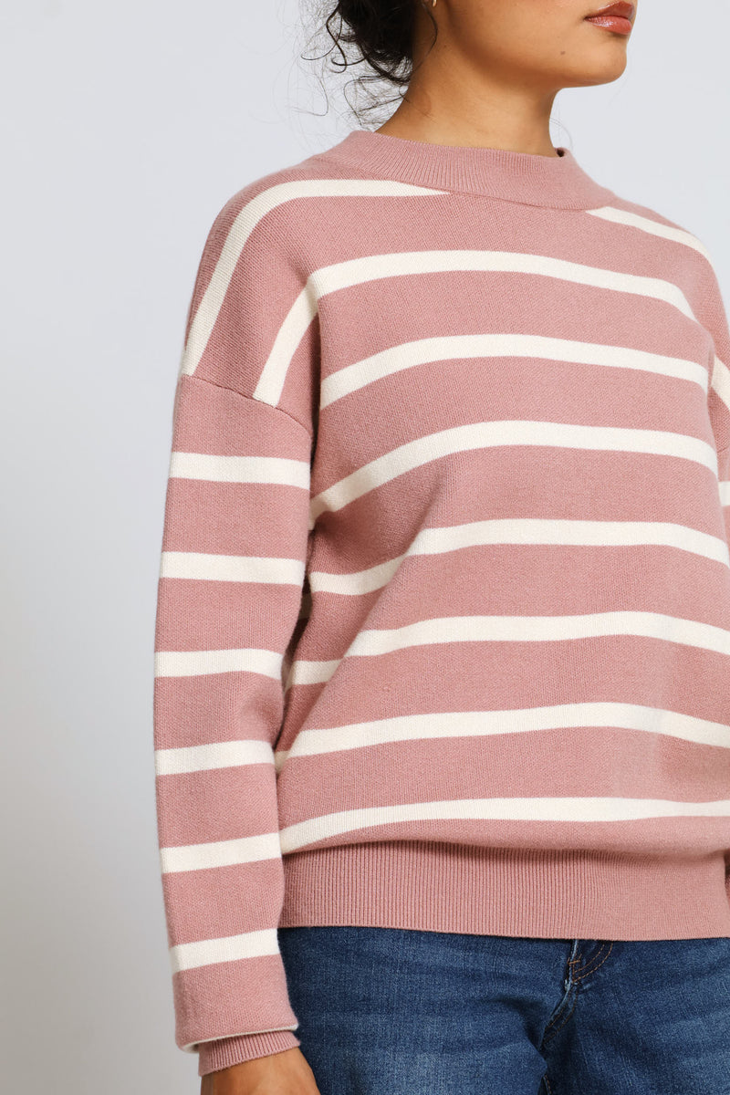Luxe Academia Stripe Turtle Neck Pullover - Rose/Cream