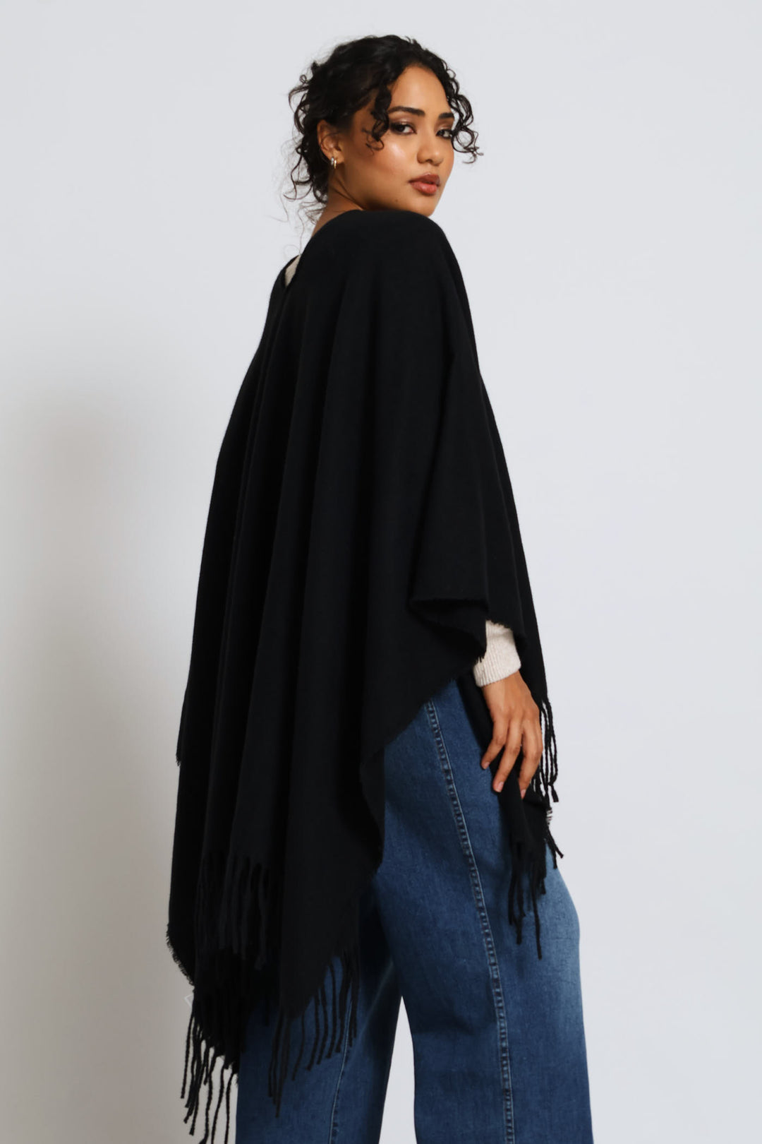 Front Closure Tassel Cape - Black