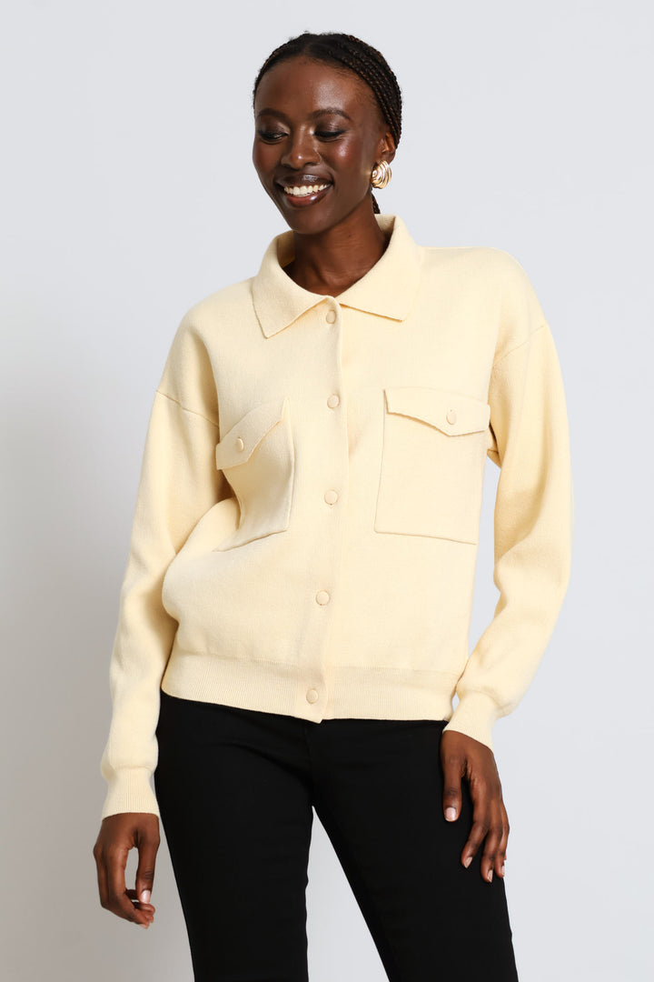 Knitted Cardigan Bomber - Light Yellow
