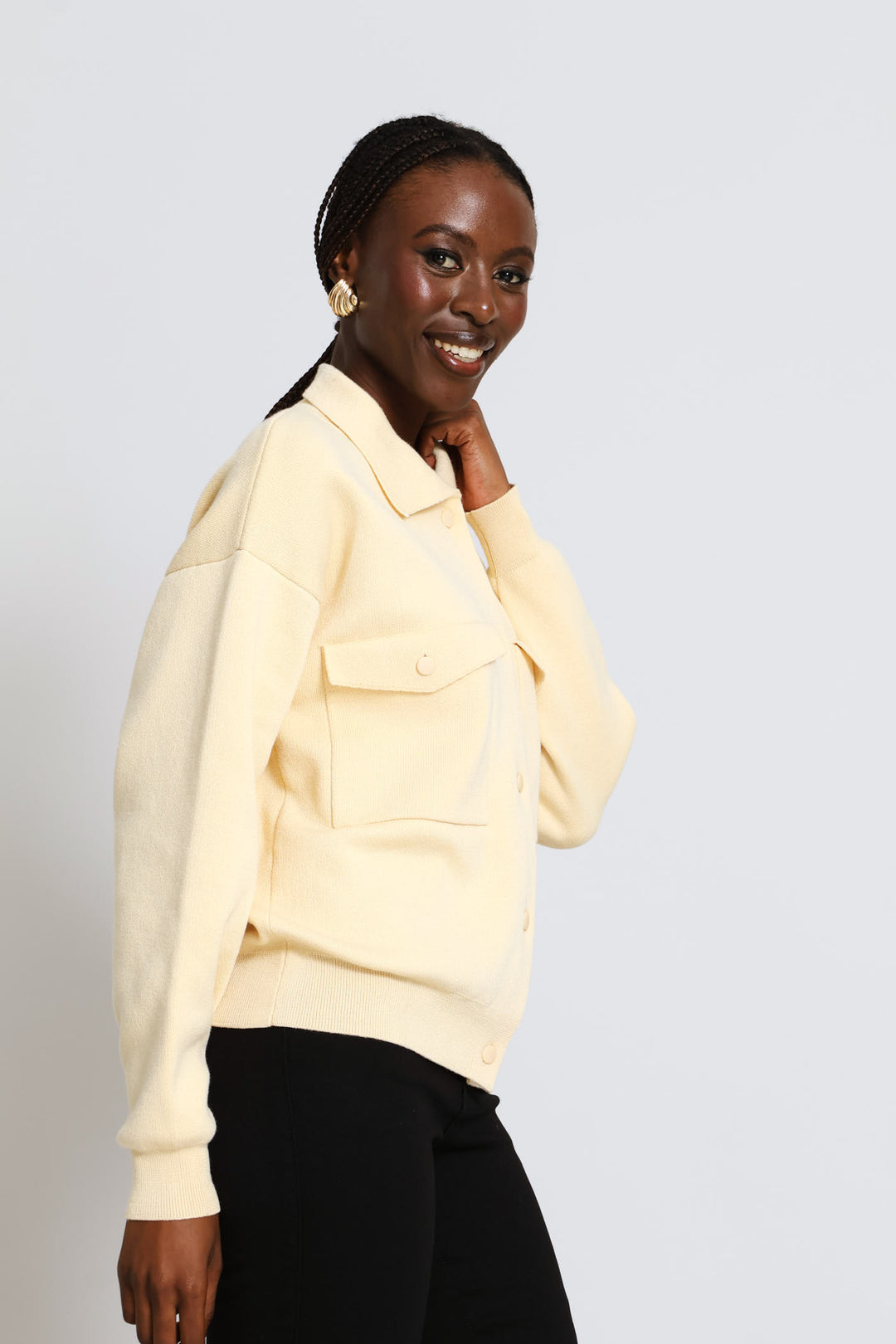Knitted Cardigan Bomber - Light Yellow
