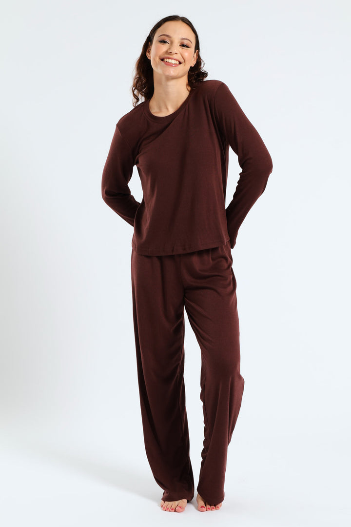 Long Sleeve Rib Knit Tee - Brown