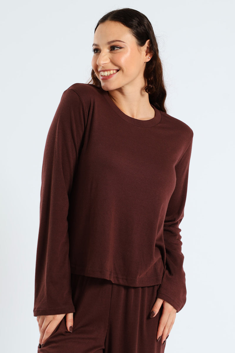 Long Sleeve Rib Knit Tee - Brown