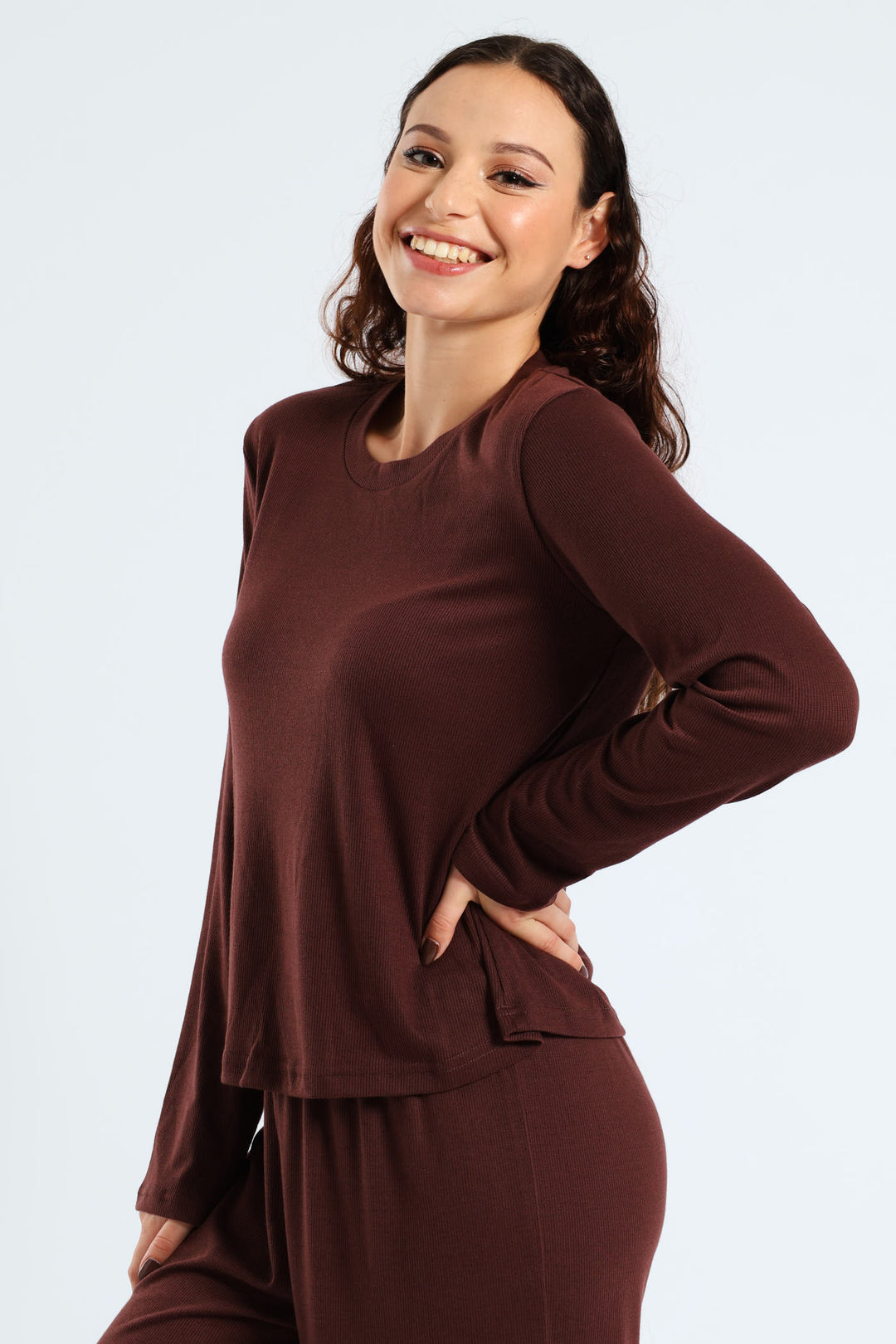 Long Sleeve Rib Knit Tee - Brown