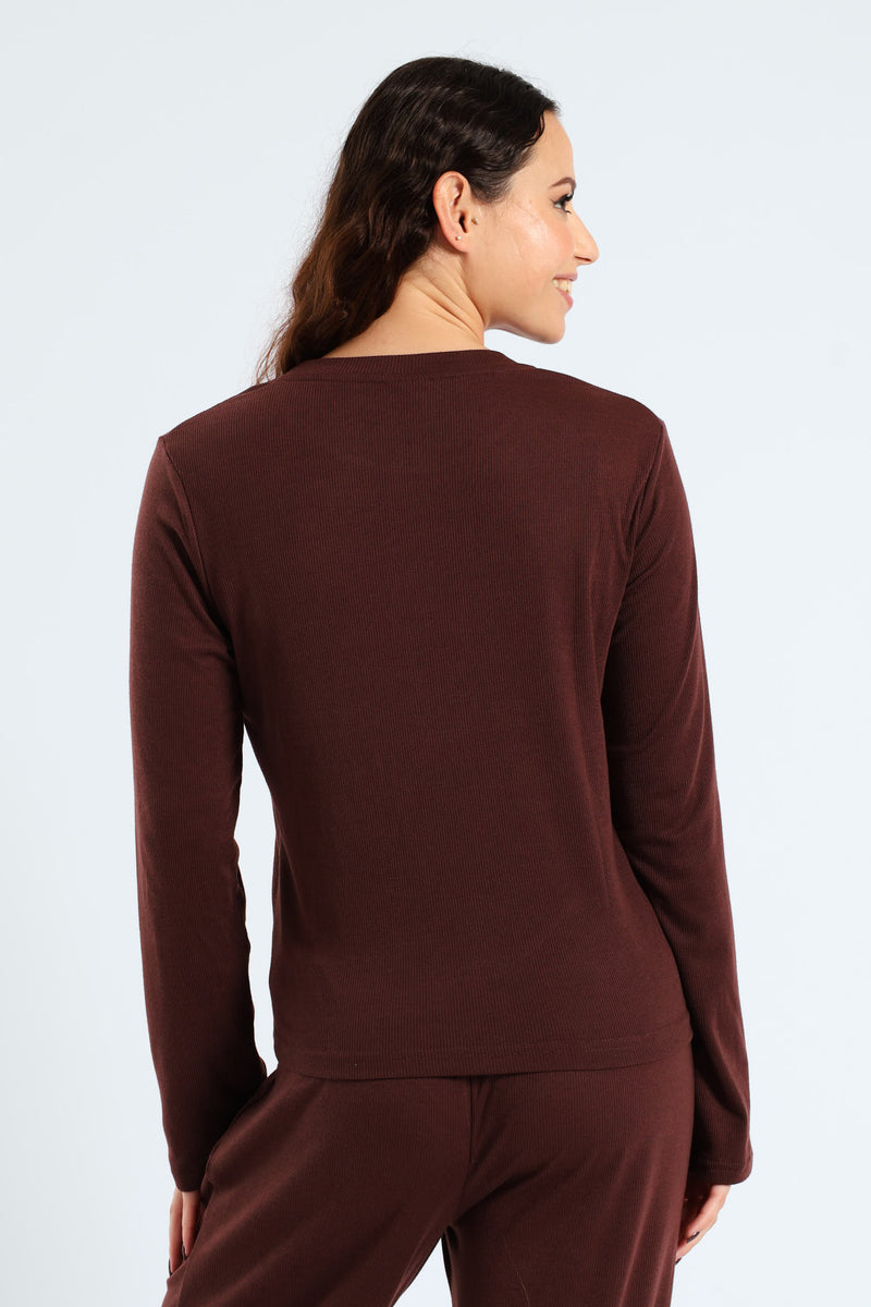 Long Sleeve Rib Knit Tee - Brown