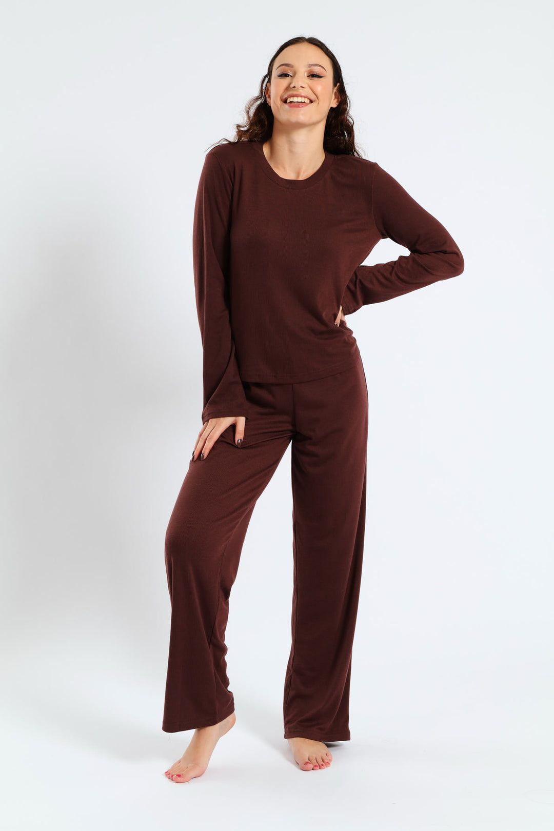 Straight Leg Rib Knit Pant - Brown