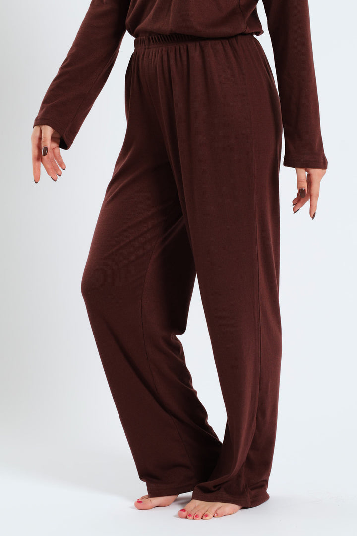 Straight Leg Rib Knit Pant - Brown