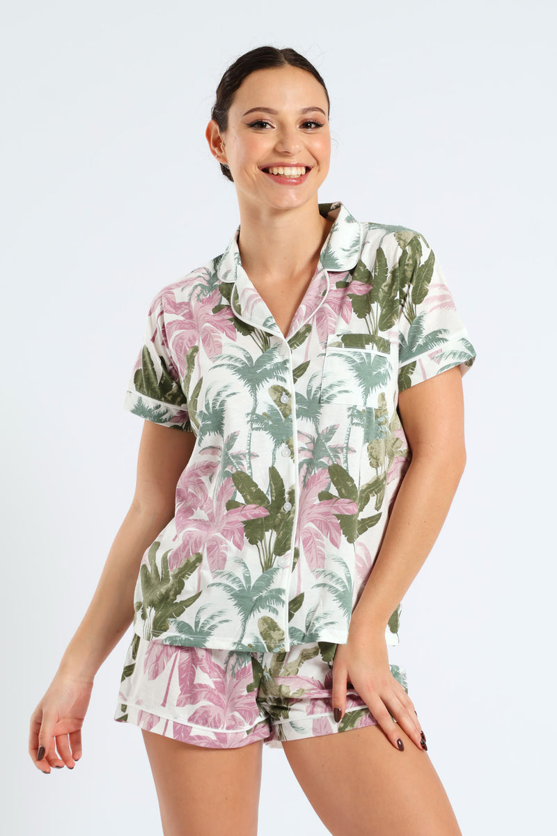 Short Sleeve Button Through Knit Short Set With Scrunchie - Multi