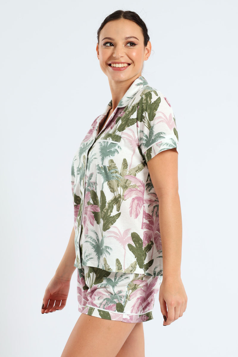 Short Sleeve Button Through Knit Short Set With Scrunchie - Multi