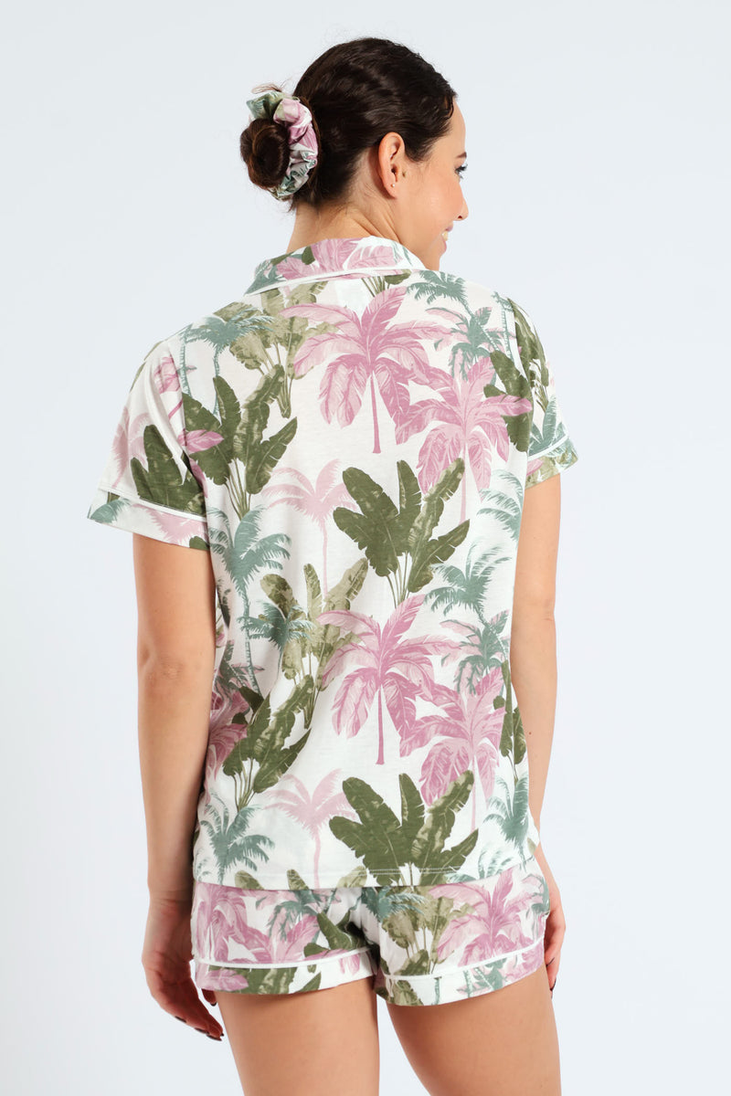 Short Sleeve Button Through Knit Short Set With Scrunchie - Multi