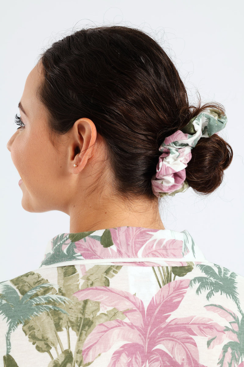 Short Sleeve Button Through Knit Short Set With Scrunchie - Multi