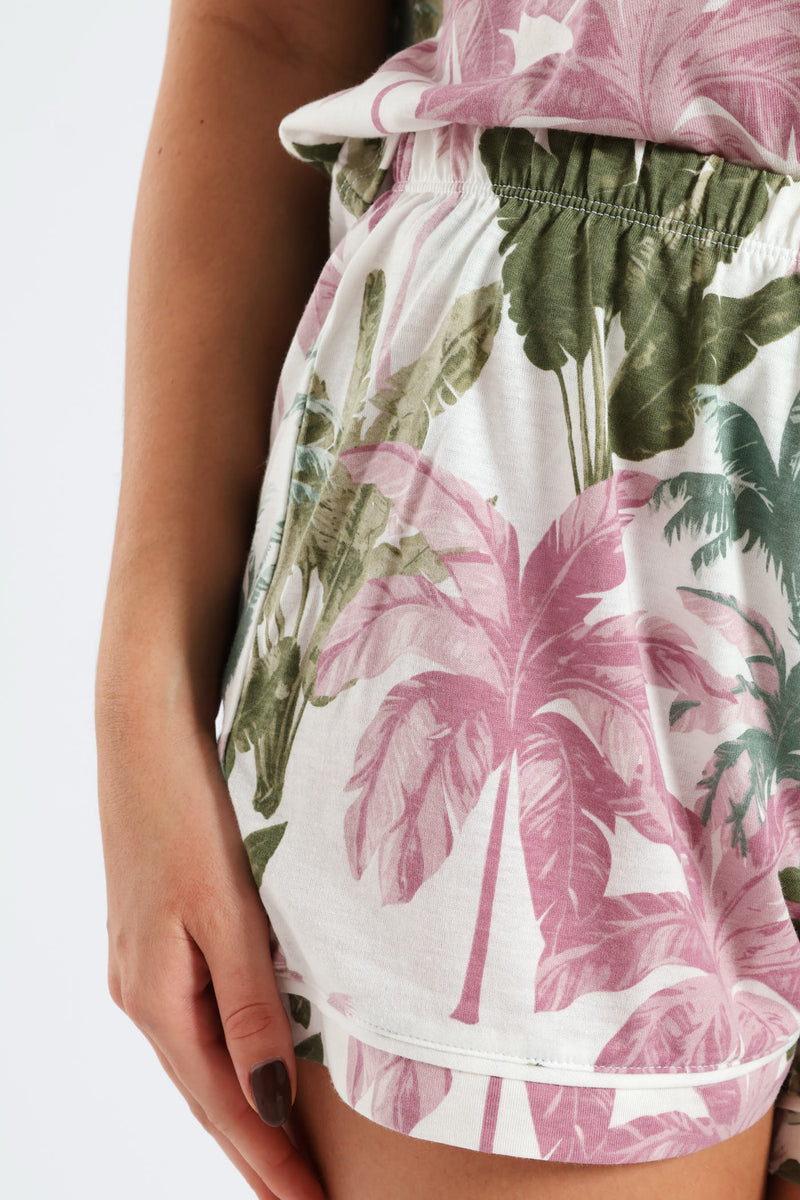 Short Sleeve Button Through Knit Short Set With Scrunchie - Multi