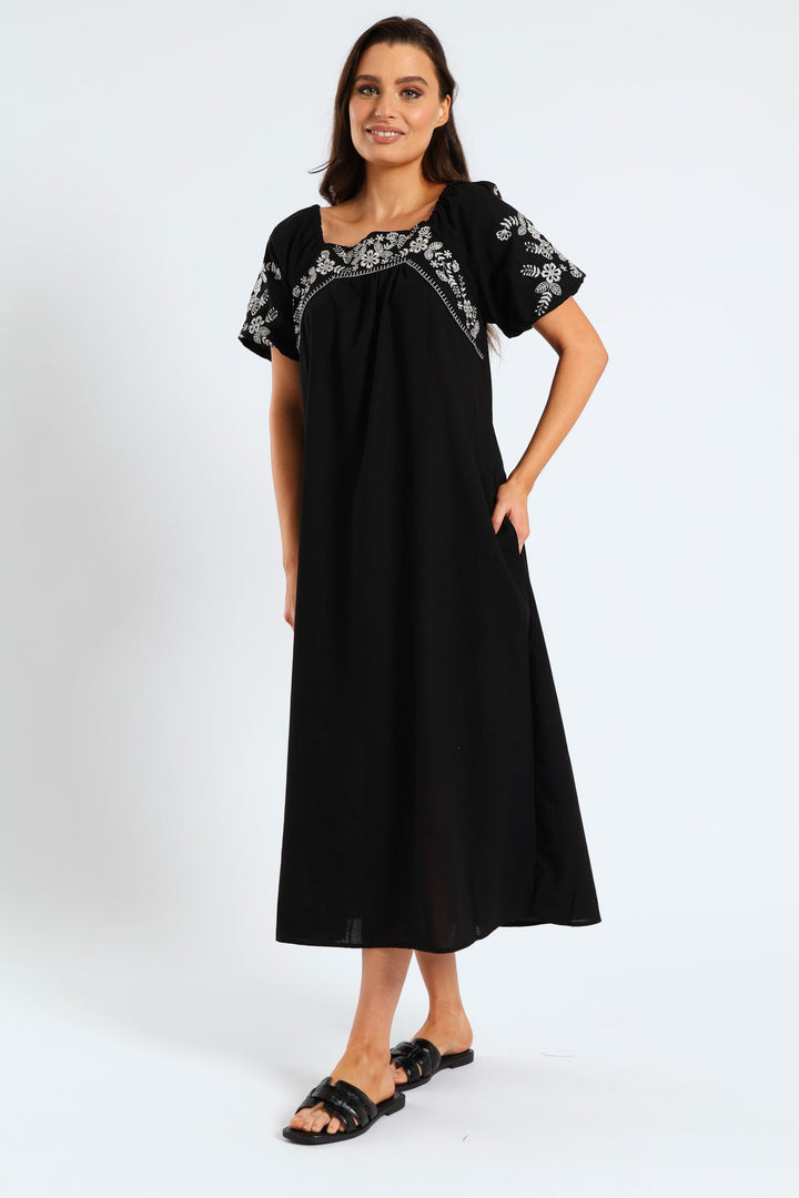 Bubble Embroidered Sleeve & Yoke Flare Midi Dress - Black