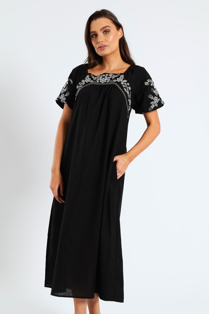 Bubble Embroidered Sleeve & Yoke Flare Midi Dress - Black
