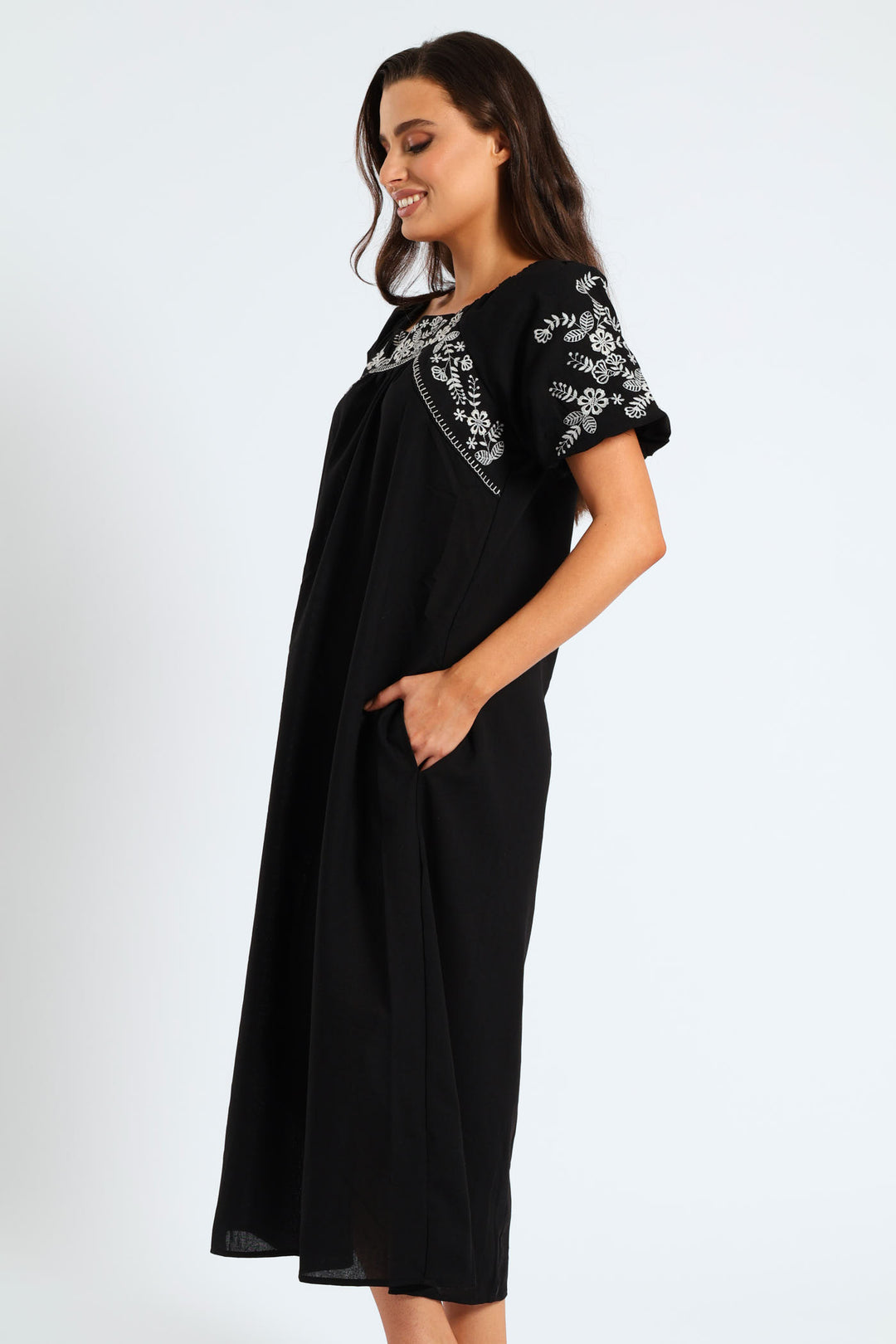 Bubble Embroidered Sleeve & Yoke Flare Midi Dress - Black