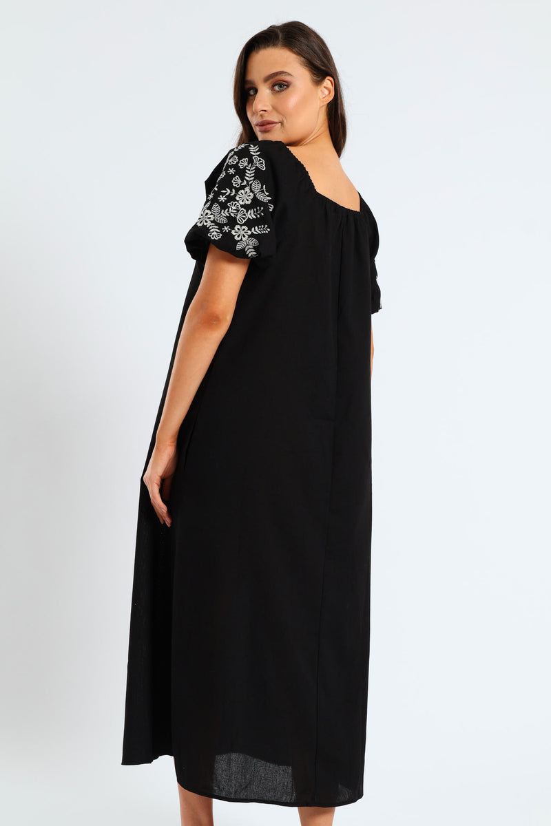 Bubble Embroidered Sleeve & Yoke Flare Midi Dress - Black