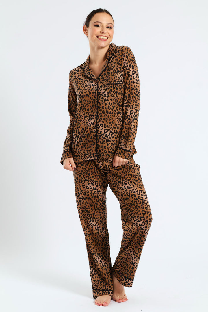 Long Sleeve Button Through & Knit Pant Set With Scrunchie - Black/Brown