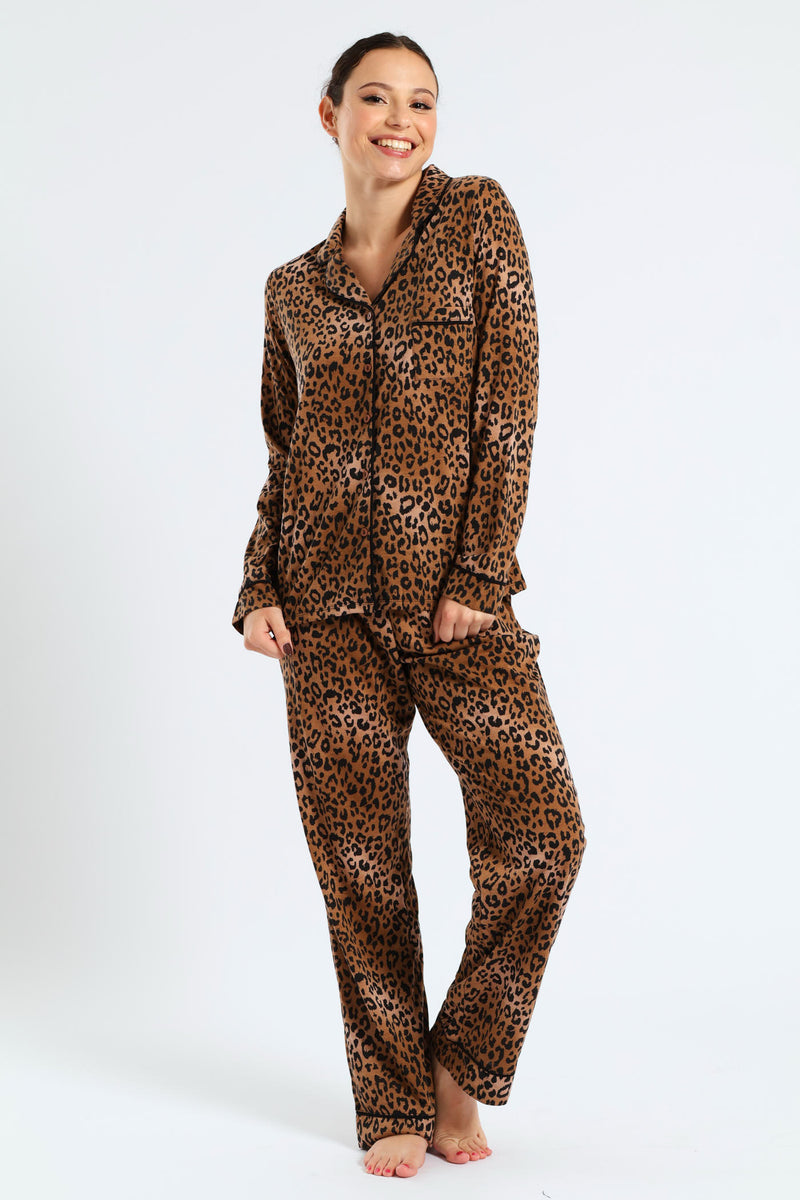 Long Sleeve Button Through & Knit Pant Set With Scrunchie - Black/Brown