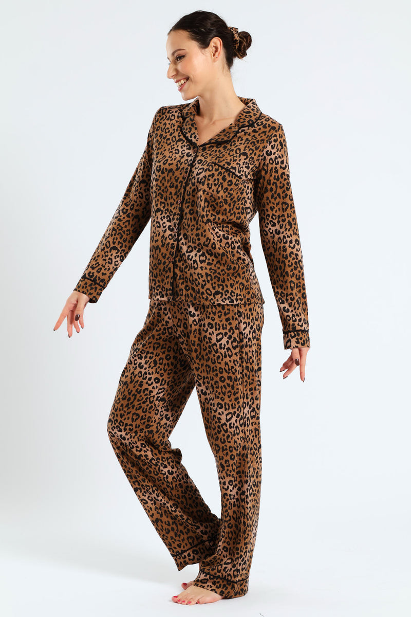 Long Sleeve Button Through & Knit Pant Set With Scrunchie - Black/Brown