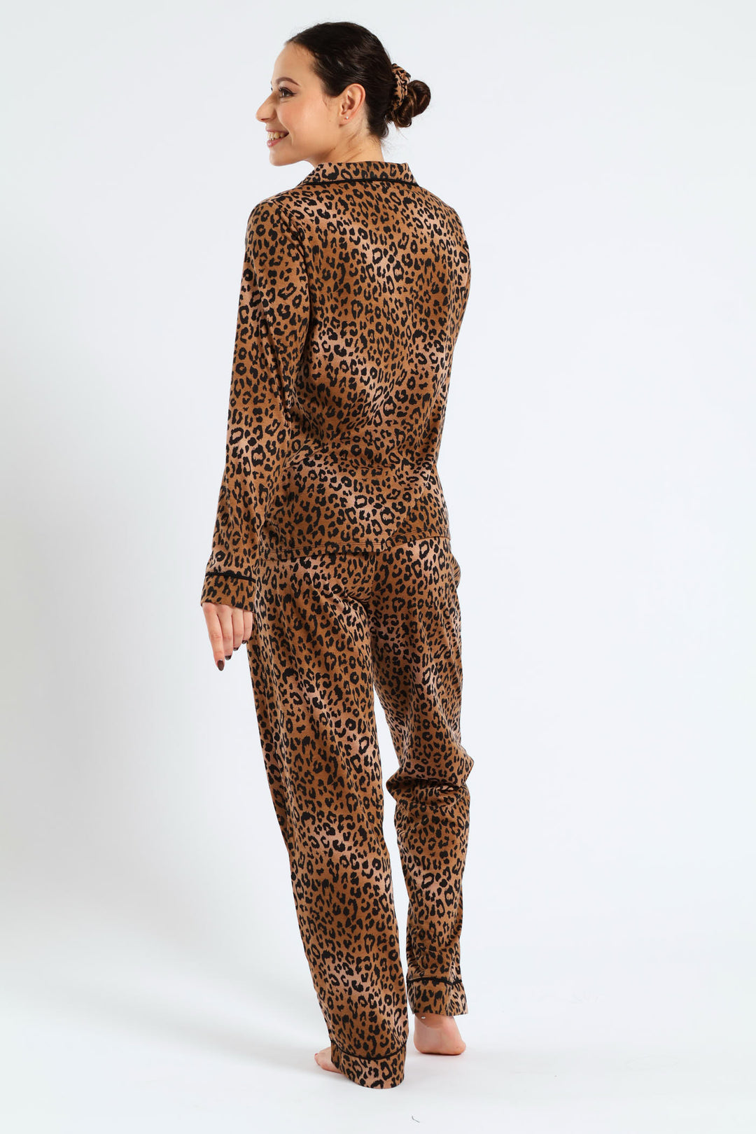 Long Sleeve Button Through & Knit Pant Set With Scrunchie - Black/Brown