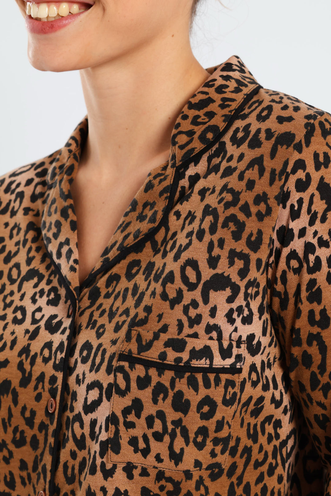 Long Sleeve Button Through & Knit Pant Set With Scrunchie - Black/Brown