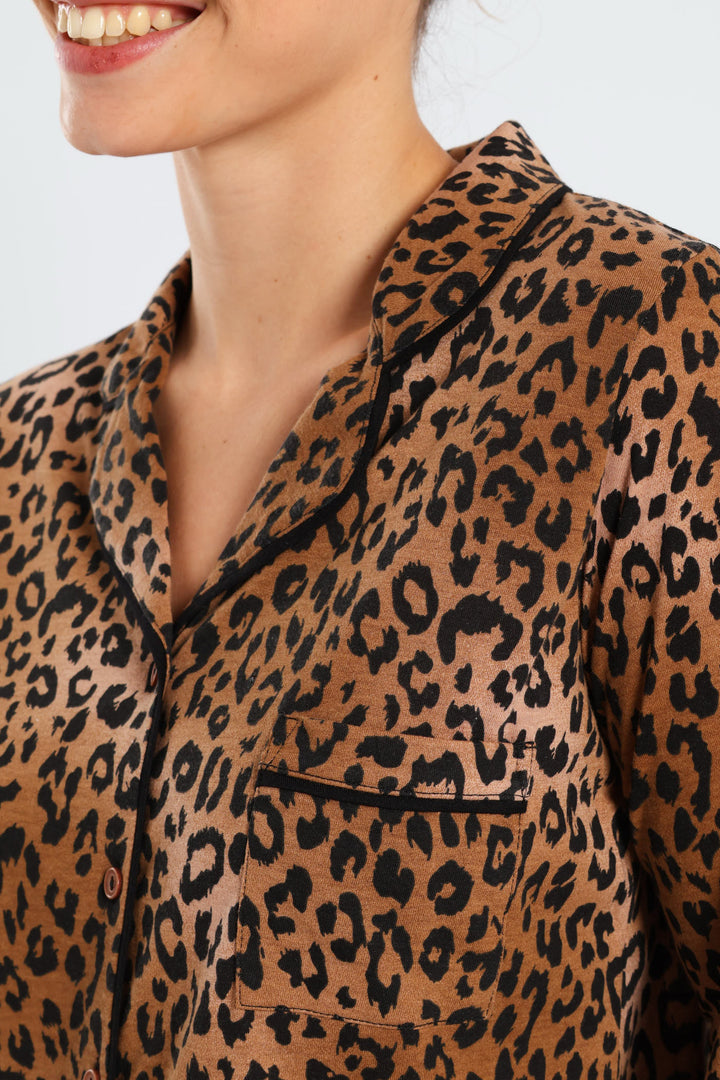 Long Sleeve Button Through & Knit Pant Set With Scrunchie - Black/Brown