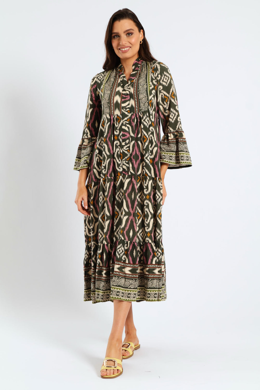 3/4 Sleeve Palm Border Print Tent Midaxi Dress - Multi