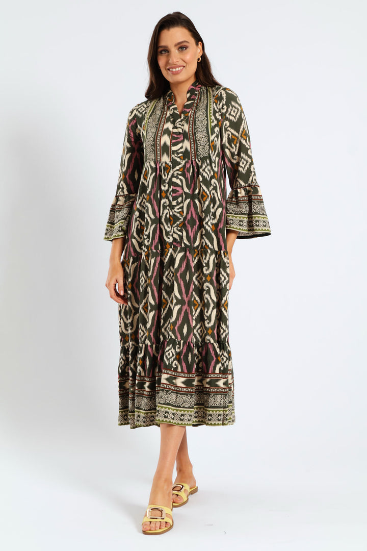 3/4 Sleeve Palm Border Print Tent Midaxi Dress - Multi