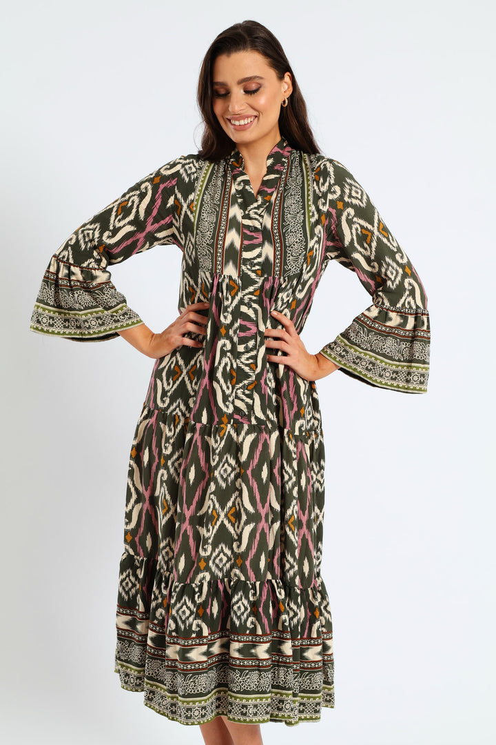 3/4 Sleeve Palm Border Print Tent Midaxi Dress - Multi