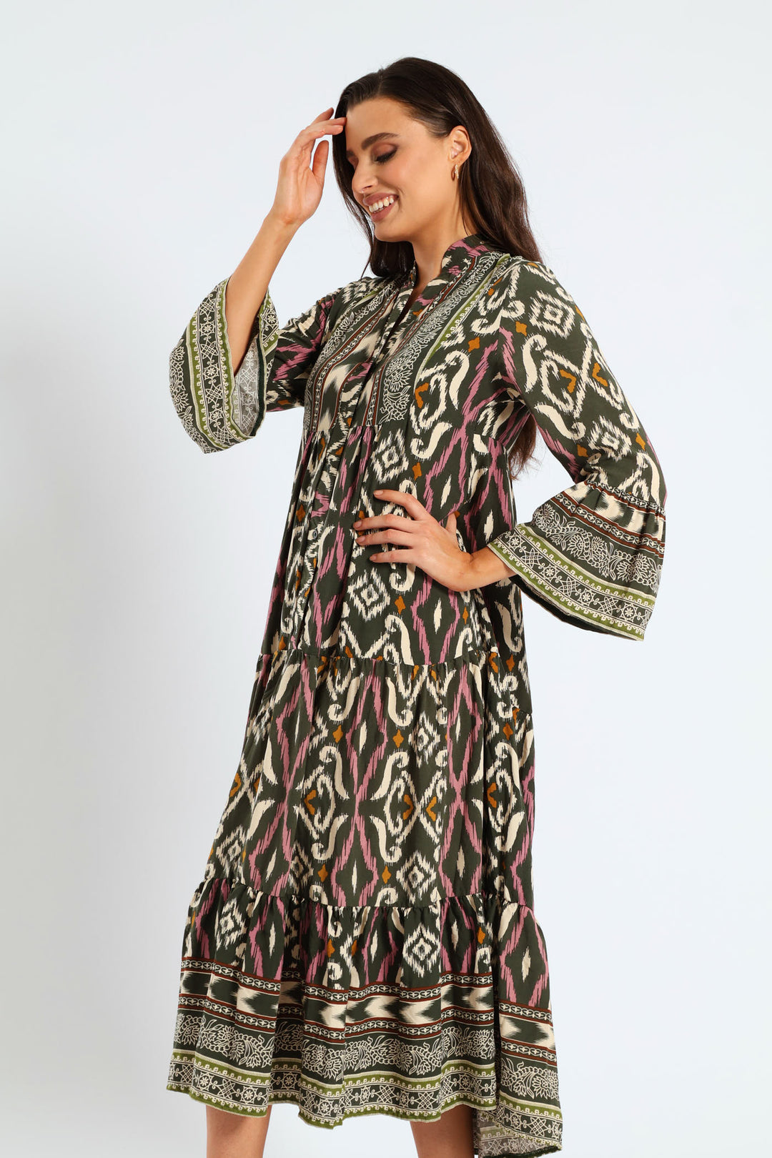 3/4 Sleeve Palm Border Print Tent Midaxi Dress - Multi