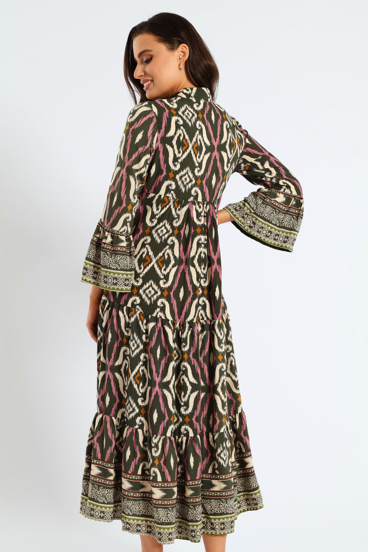 3/4 Sleeve Palm Border Print Tent Midaxi Dress - Multi