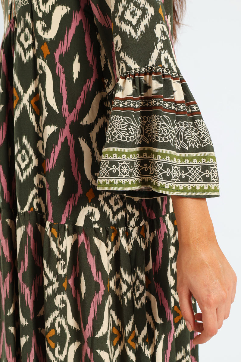3/4 Sleeve Palm Border Print Tent Midaxi Dress - Multi