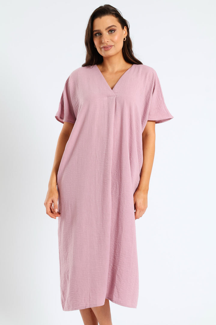 V-Neck Pleated Front Kaftan Midi Dress - Mauve