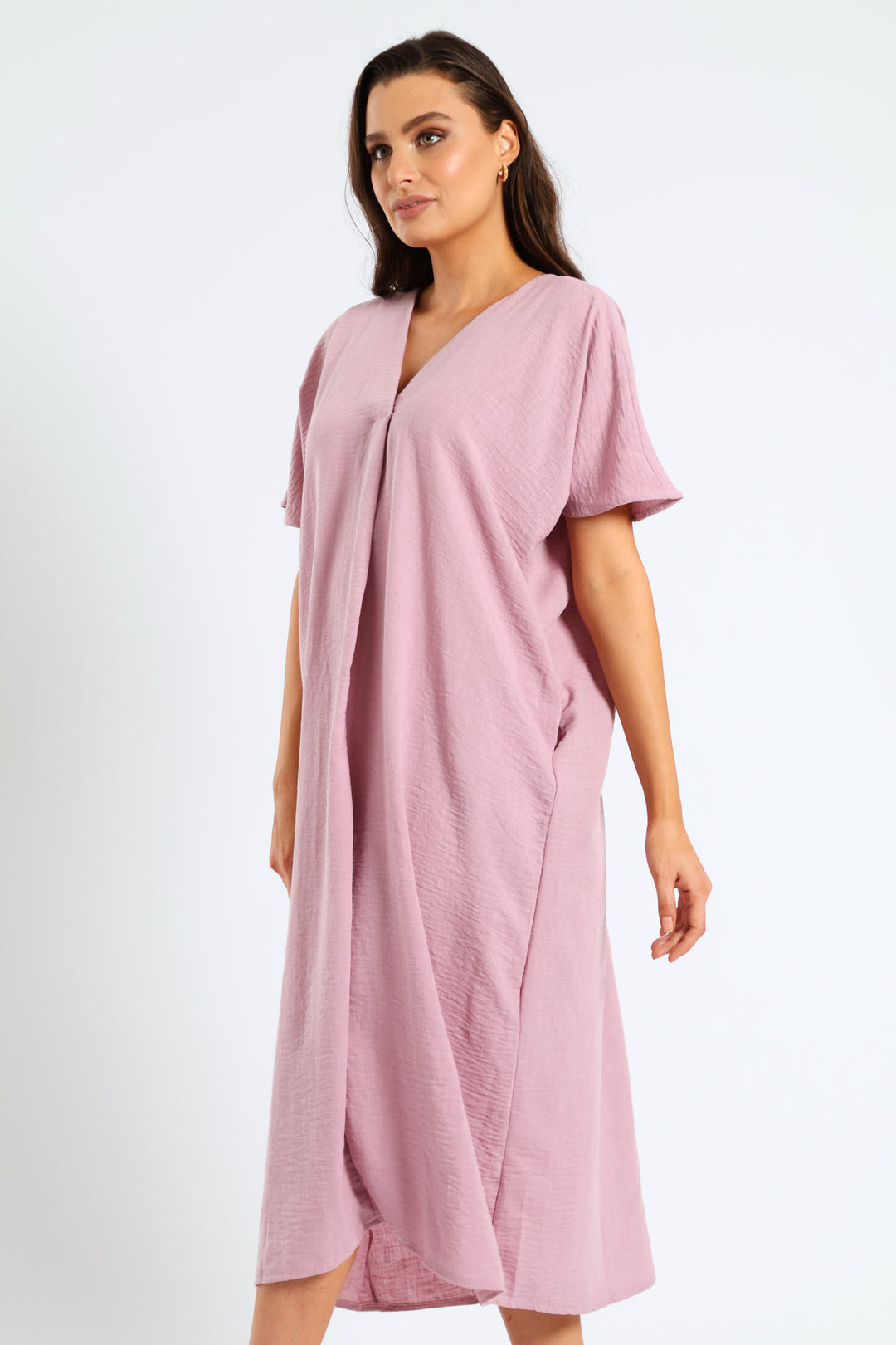 V-Neck Pleated Front Kaftan Midi Dress - Mauve